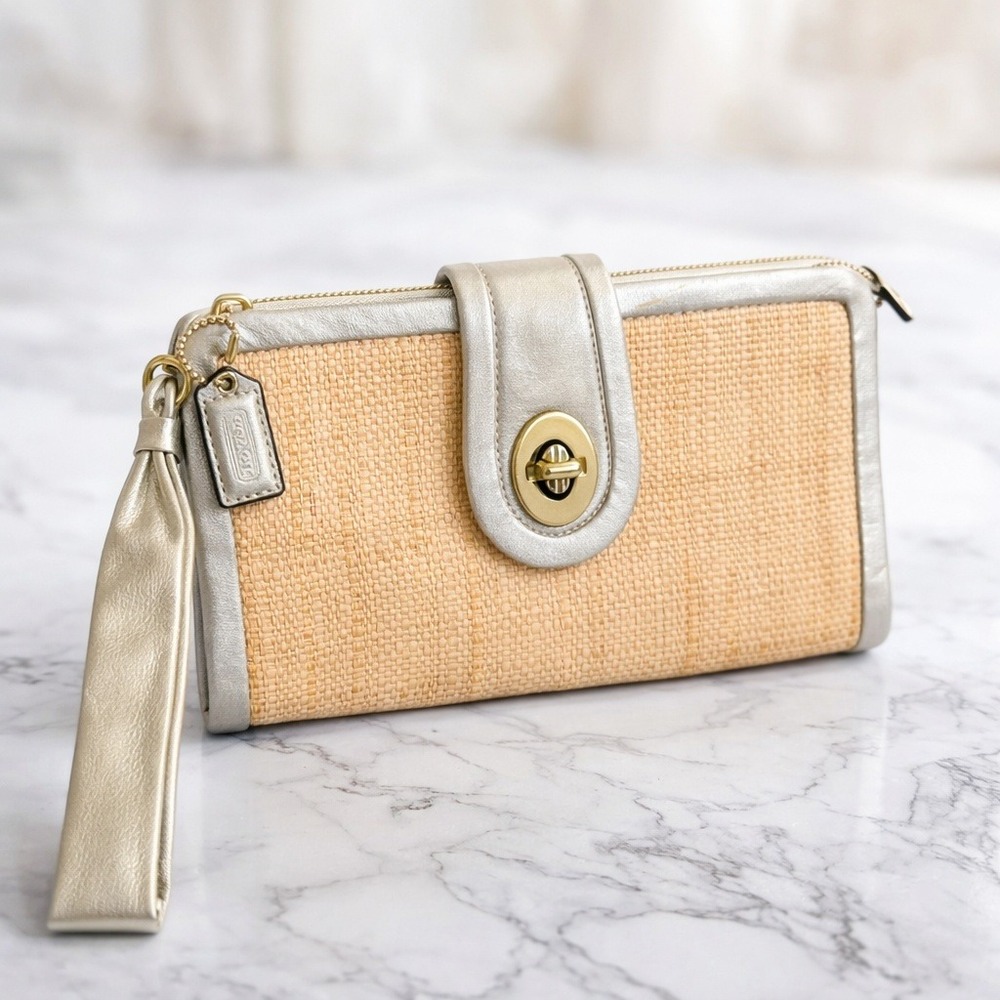 Coach Large Woven Turnlock Parker Clutch Wallet Natural Straw Gold Leather Trim